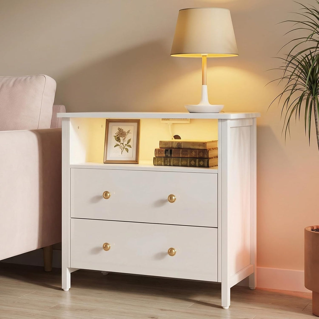 27 Inch Wide Night Stand, Large Wood Night Stand Set 2 with 2 Drawers, LED Nightstand with Charging Station and Adjustable Drawer, Bedside Table for Living Room/Bedroom/Study/Office, White.