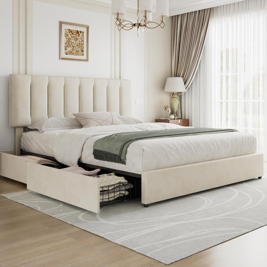VECELO King Size Bed Frame with 4 Storage Drawers, Adjustable Height Headboard, Heavy-Duty Bedframe with Strong Wooden Slats, No Box Spring Needed, Pale Beige