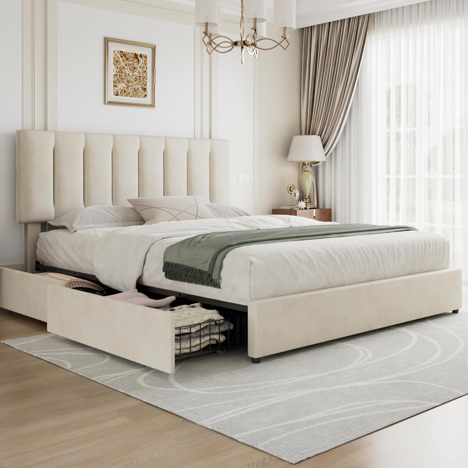 VECELO King Size Bed Frame with 4 Storage Drawers, Adjustable Height Headboard, Heavy-Duty Bedframe with Strong Wooden Slats, No Box Spring Needed, Pale Beige