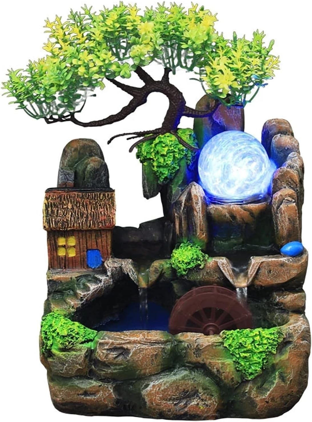 Water Fountain Desktop Ornament Tabletop Fountain Led Lights Resin Rockery Flowing Water Fountain Lucky Feng Shui Wheel Office Desktop Ornaments Zen Meditation Fountain Crafts