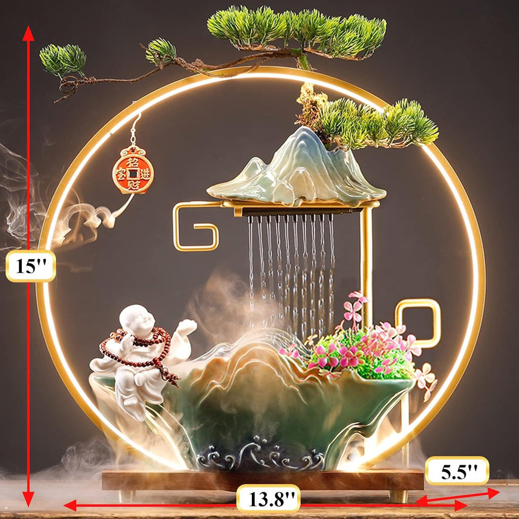 Tabletop Buddha Water Fountains Indoor Waterfall with LED Light Desktop Fountain for Meditation with Mist Japanese Fountain with Fake Plants Feng Shui Office Home Decor for Good Luck Wealth