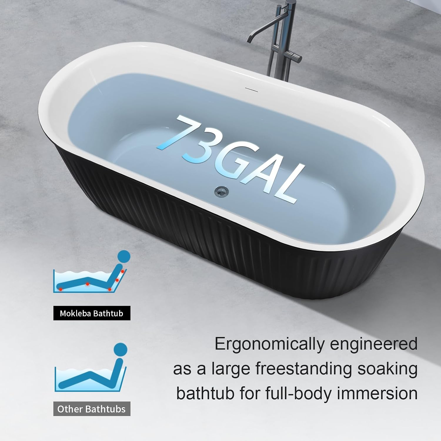 67' Freestanding Bathtub Double Ended Shape,Painted Ripple Bathtub，Soaking Tub with Integrated Slotted Overflow, Toe-Tap Chrome Drain, cUPC Certified,Black