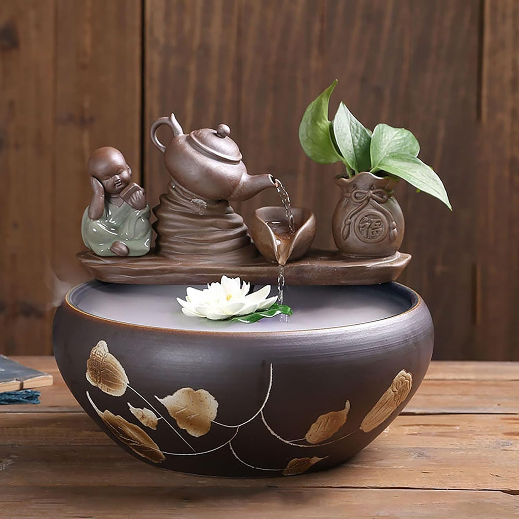 Tabletop Water Fountain, Mist Humidifier, Chinese Ceramic Desk Decor, Porcelain Indoor Feature for Living Room Office(E)