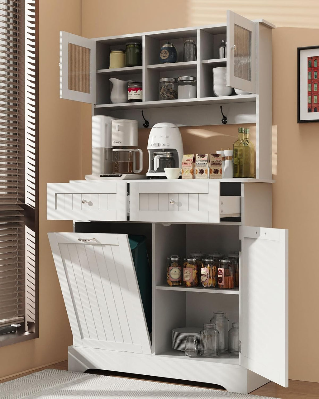 Tilt Out Trash Cabinet,Storage Cabinet,Two Solid Wood Hideaway Trash Holder Drawers,Wooden Freestanding Recycling Cabinets,Trash Can for Kitchen,White