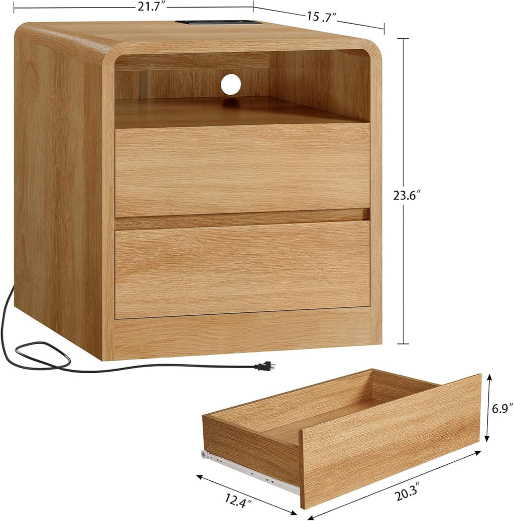 TEENFON Nightstands Set of 2 with Charging Station & LED Lights, Curved Corner Bedside Table 21.7' W, 2 Drawers & Open Shelf, USB-C & USB Ports, Natural, Storage End Table for Bedroom/Living Room