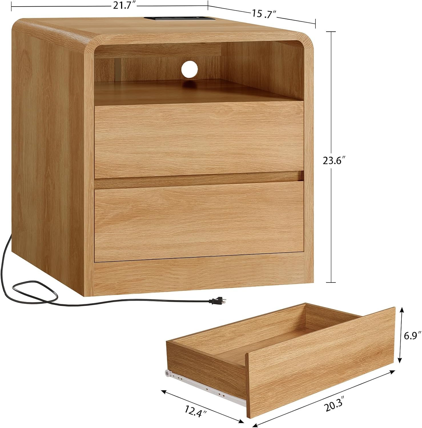 TEENFON Nightstands Set of 2 with Charging Station & LED Lights, Curved Corner Bedside Table 21.7' W, 2 Drawers & Open Shelf, USB-C & USB Ports, Natural, Storage End Table for Bedroom/Living Room