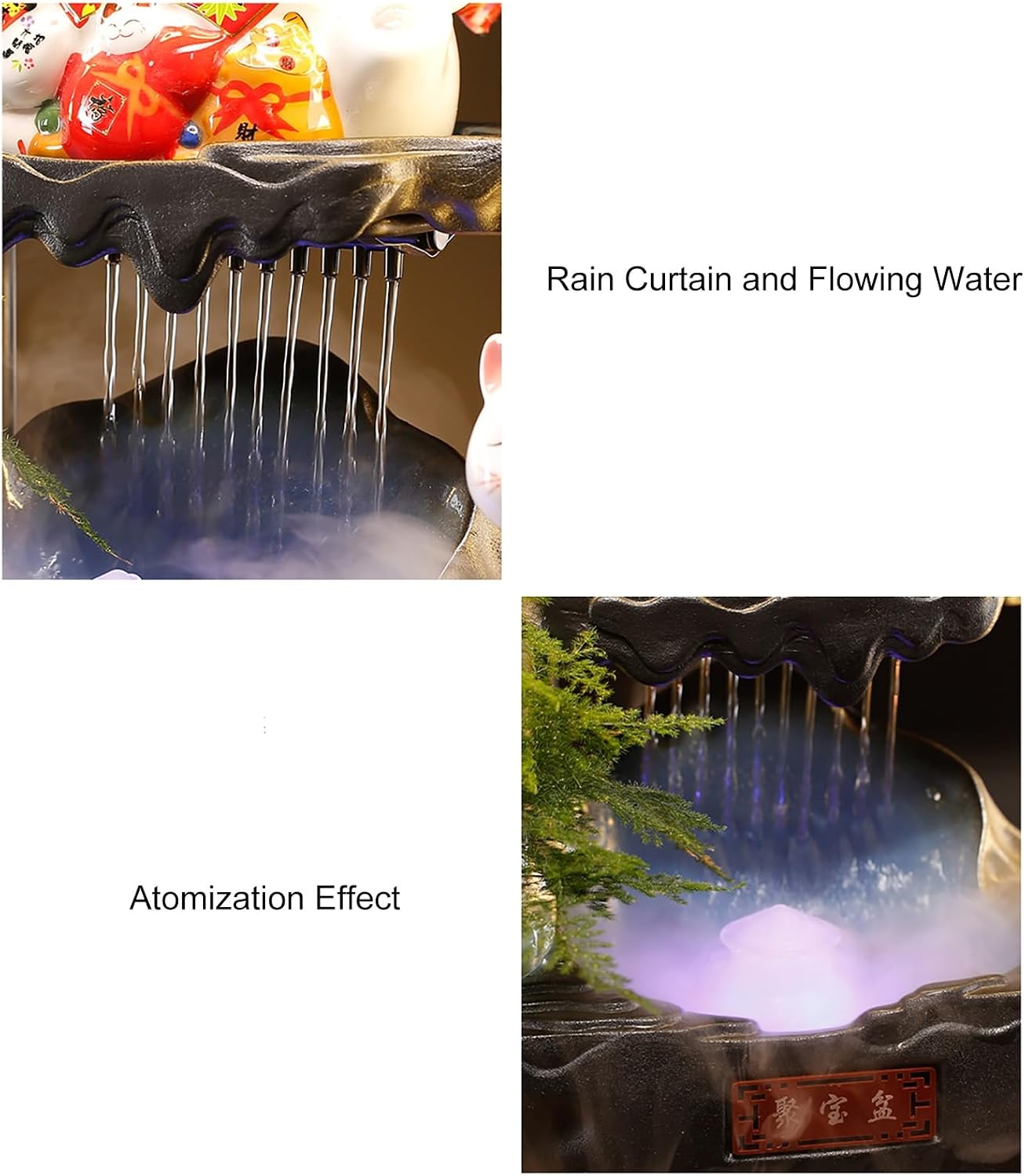 Indoor Tabletop Waterfall Fountain with Lucky Cat, Desk Small Fountain, LED Light Ring, Indoor Waterfall Feature, and Backflow Incense Burner