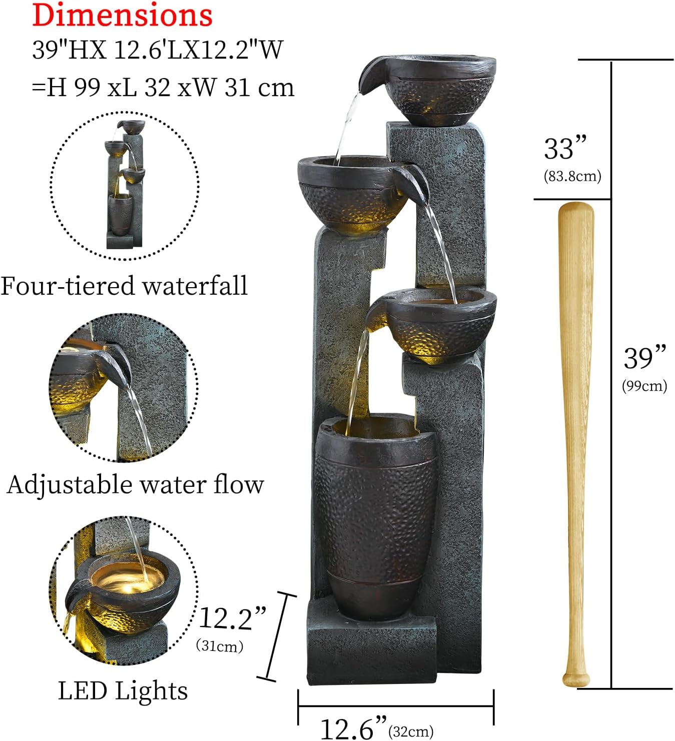 40' Inch Water Fountain Outdoor&Indoor 4-Tiers Large Outdoor Patio Decor Gray Garden Water Fountain for Outside Waterfall with LED Light&Pump Resin Modern Floor-Standing Water Feature Outdoor