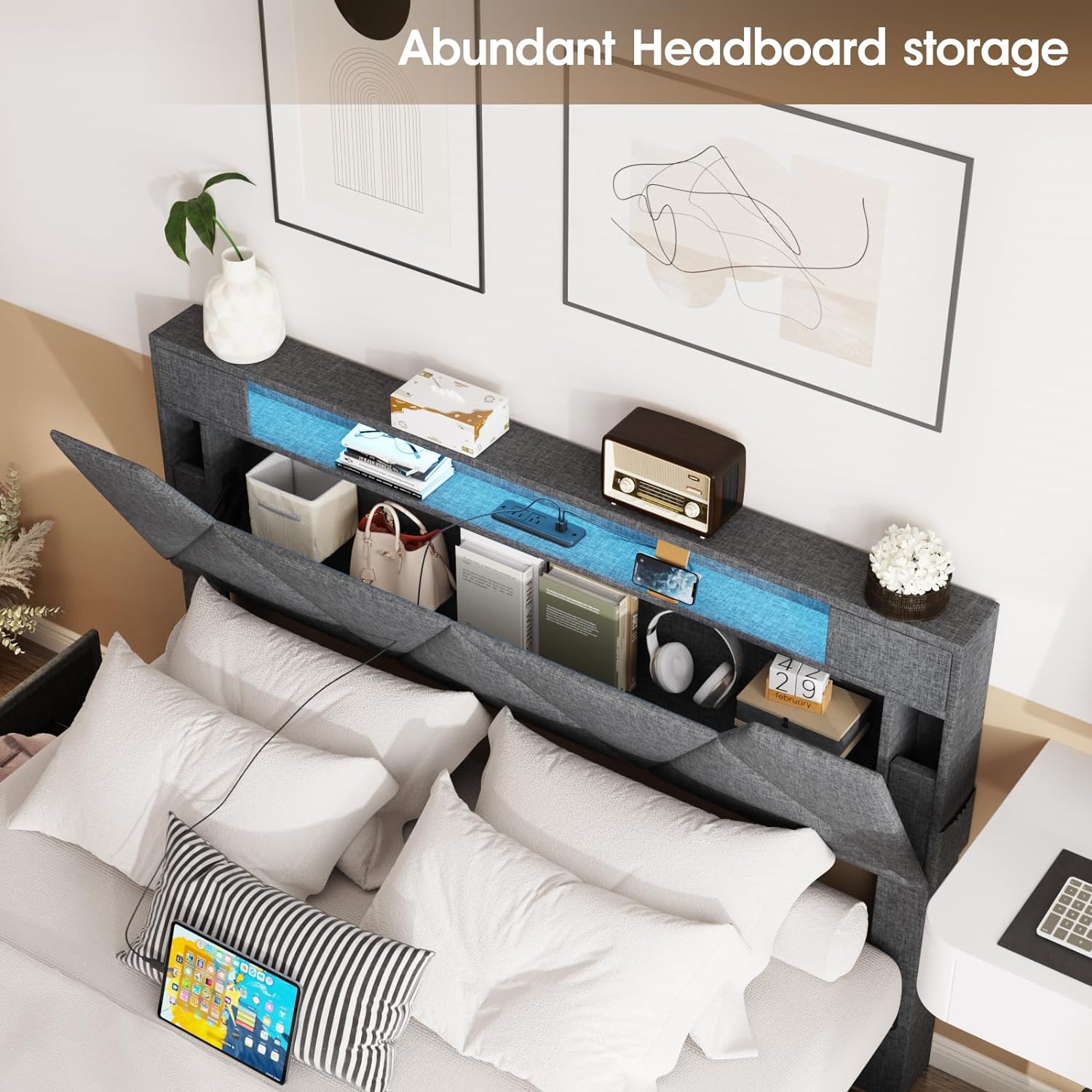 Vabches Full Size Bed Frame with Storage Headboard and 4 Drawers,Upholstered Platform with Charging Station and Led Lights,Adjustable Headboard,No Box Spring Needed,Dark Grey