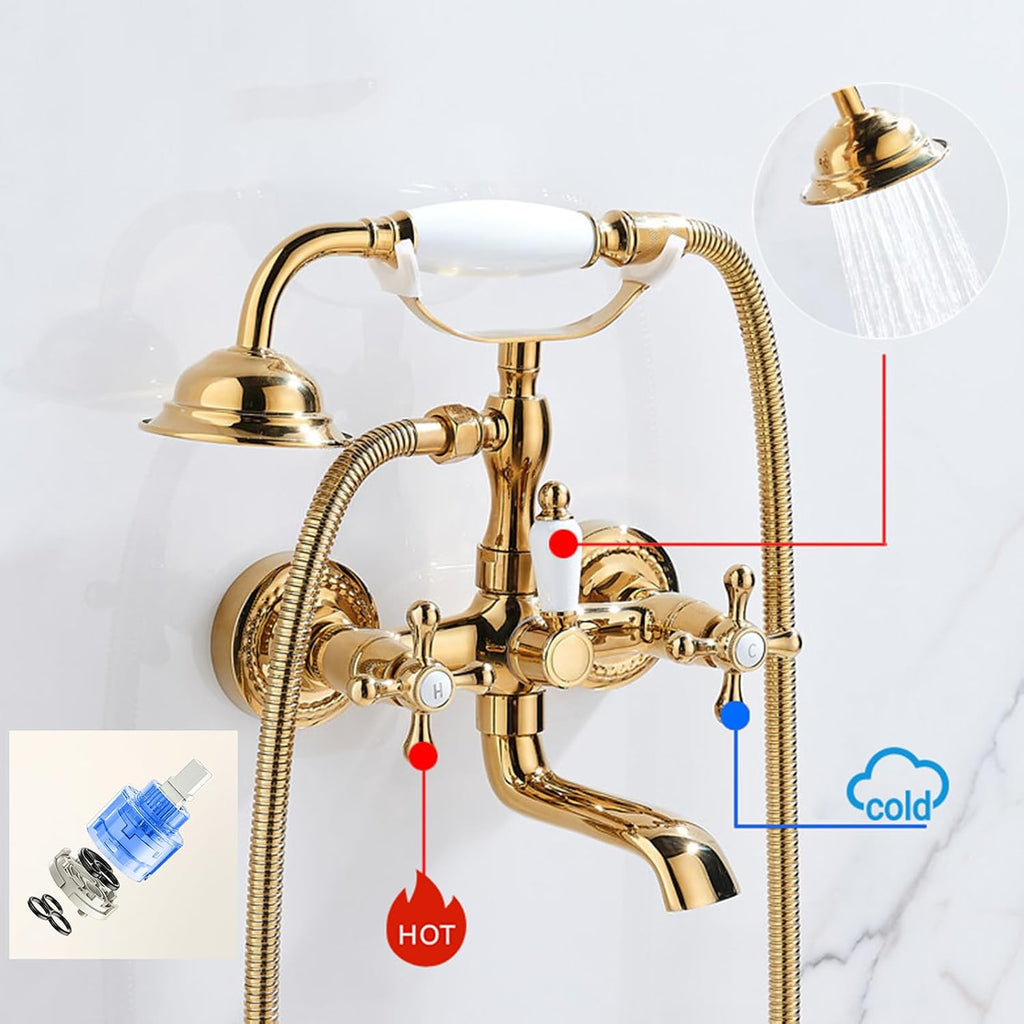 BiaoTeng Vintage Wall Mount Bathtub Faucet Double Cross Handle with 360° Swivel Hot and Cold Brass Bath Tub Faucet Set Antique Chrome