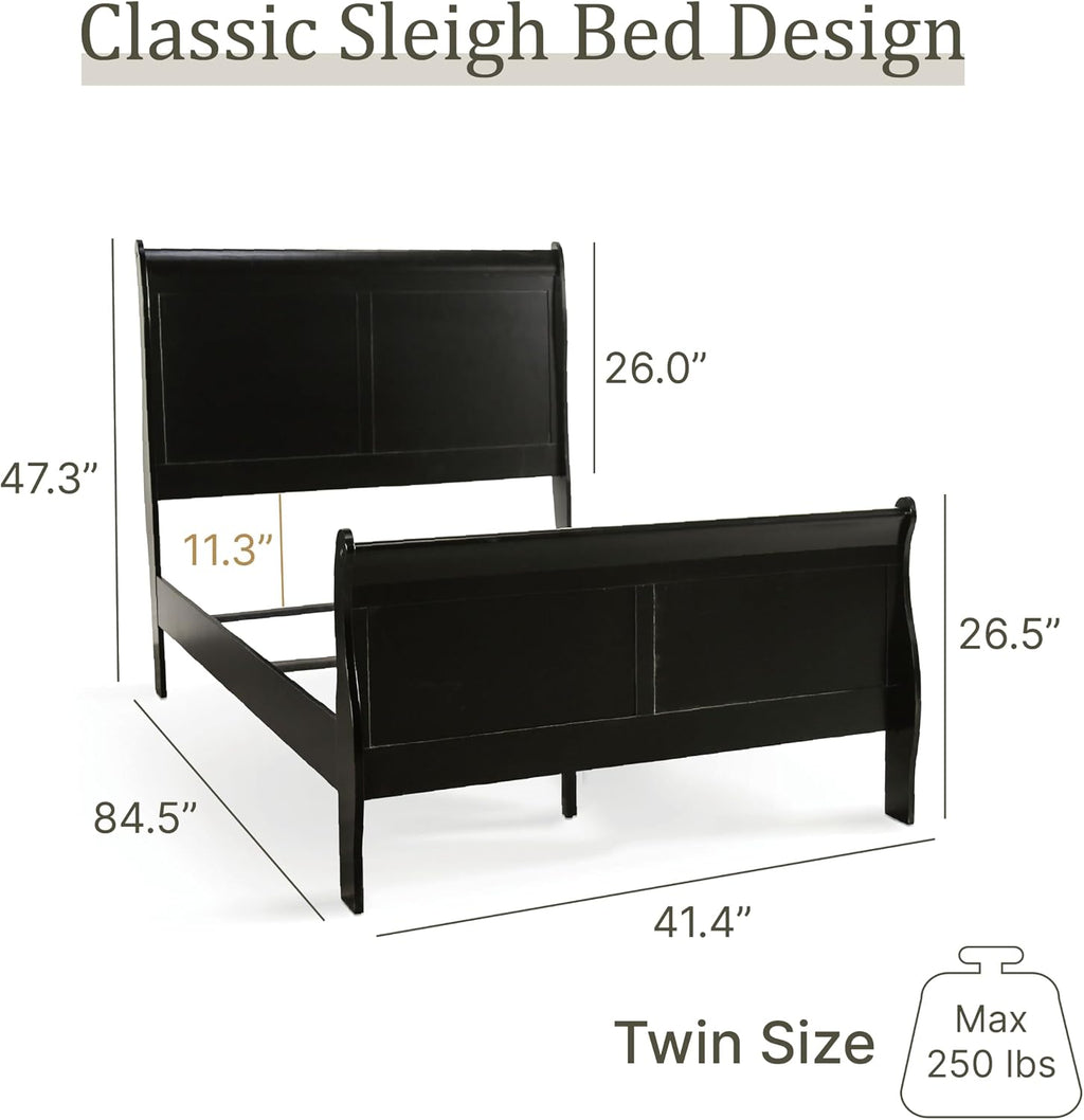 Furniture of America Louis Phillipe Traditional Wood Twin Bed Frame with Headboard and Footboard, Elegant Sleigh Design Bedframe for Bedroom, Guest Room, Easy Assembly, Box Spring Required, Black