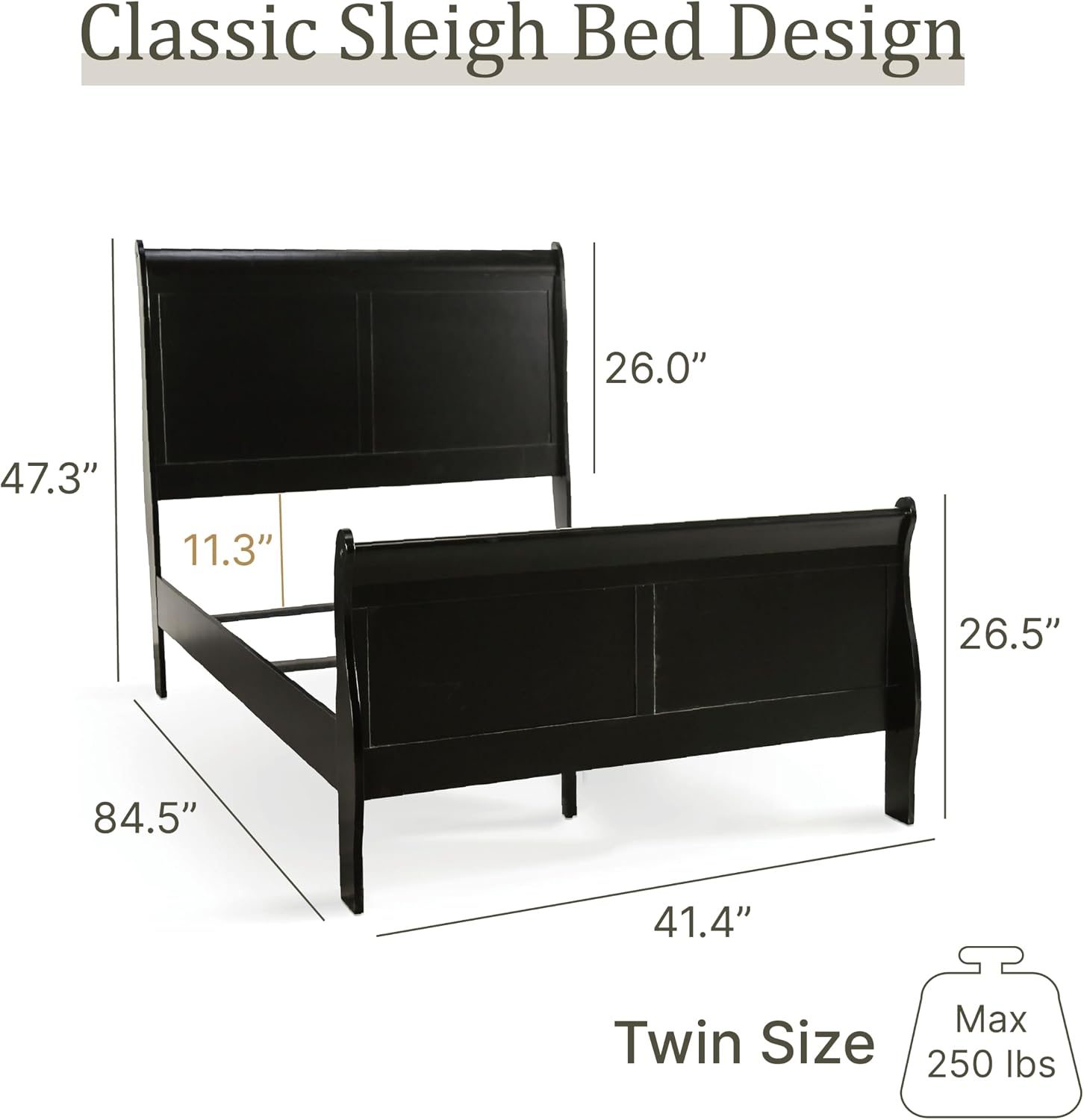 Furniture of America Louis Phillipe Traditional Wood Twin Bed Frame with Headboard and Footboard, Elegant Sleigh Design Bedframe for Bedroom, Guest Room, Easy Assembly, Box Spring Required, Black