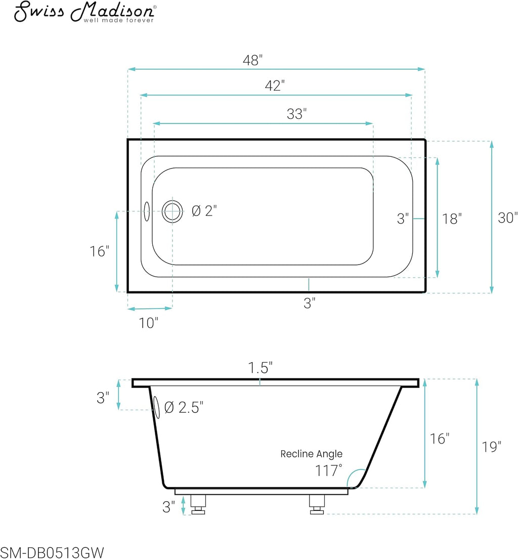 Swiss Madison Voltaire 48' x 30' Reversible Drain Drop-In Bathtub