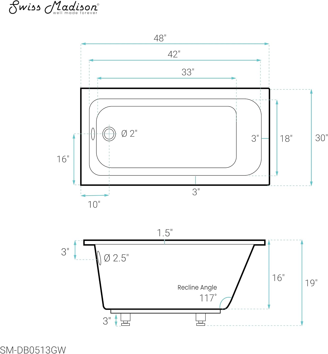 Swiss Madison Voltaire 48' x 30' Reversible Drain Drop-In Bathtub