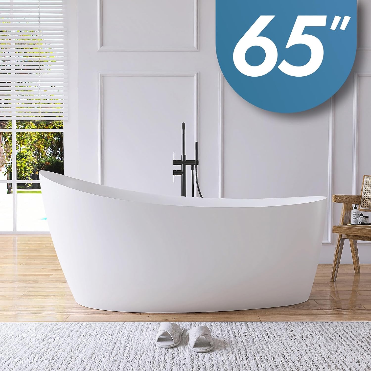 65' Free Standing Tub Bathtub Resin Stone, Solid Surface Freestanding Bathtub, Contemporary Soaking Tub Bathtubs with Overflow and Pop up Drain, Matte White
