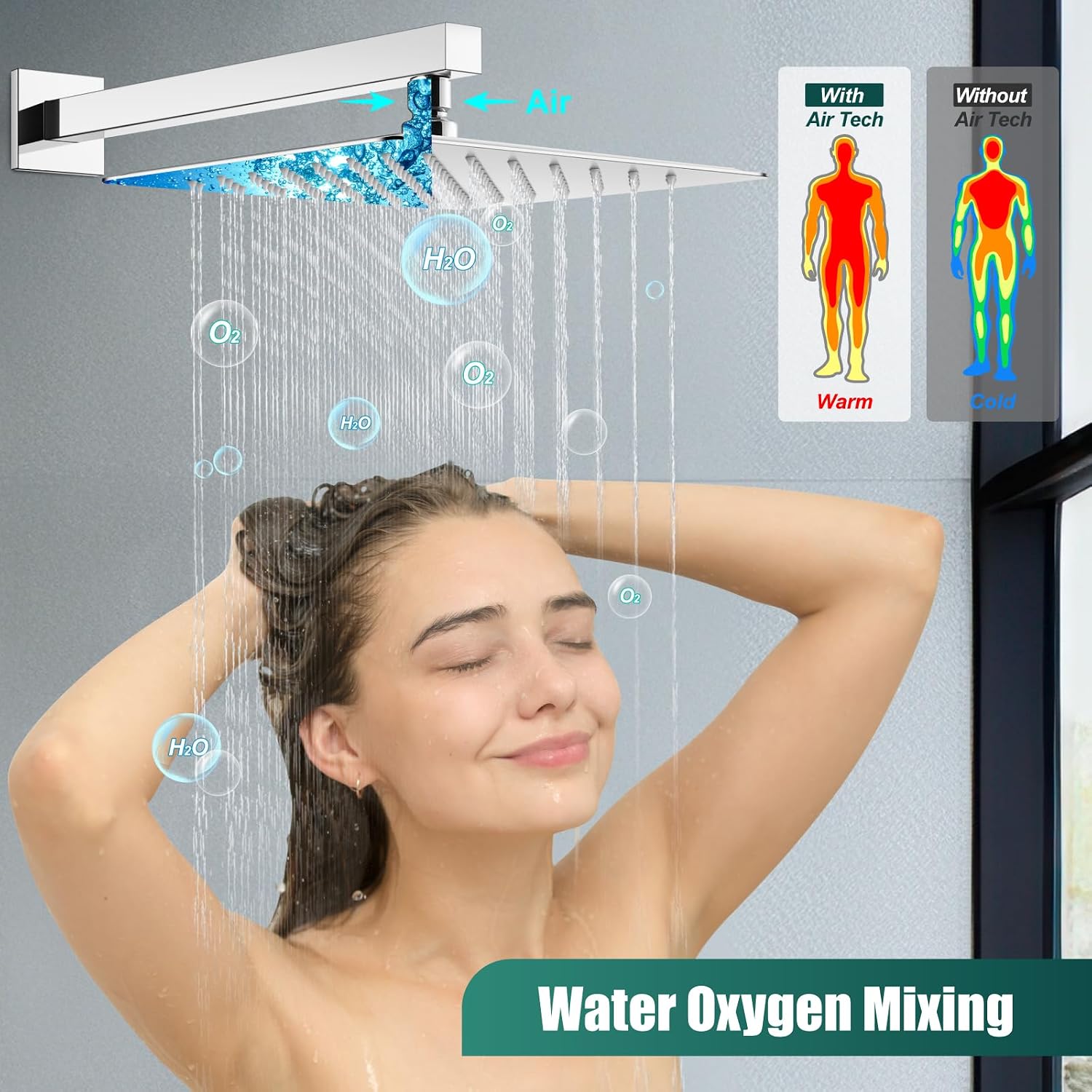 Heyalan Shower System Square Rain Shower System Head Shower Faucet Fixture 2 in 1 Handheld Shower Sprayer Rough in Valve Wall Mount Bathroom Rainfall Combo Set High Pressure,12 Inch,Polished Chrome