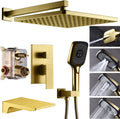 Shower System with Tub Spout 10 Inch Overhead Shower 4 Setting Handheld Spray Rough In Pressure Balance Valve Body with Trim Kit Wall Mounted Rainfall Bathtub Shower Faucet Set (Brushed Gold)