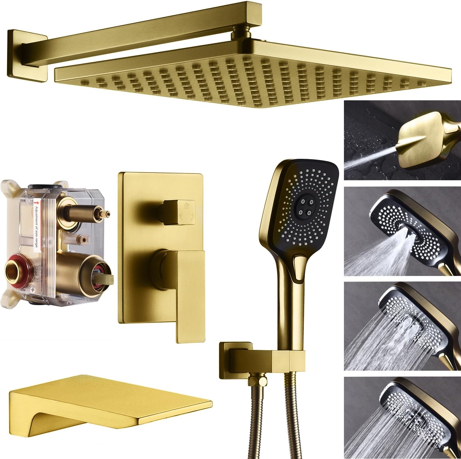 Shower System with Tub Spout 10 Inch Overhead Shower 4 Setting Handheld Spray Rough In Pressure Balance Valve Body with Trim Kit Wall Mounted Rainfall Bathtub Shower Faucet Set (Brushed Gold)