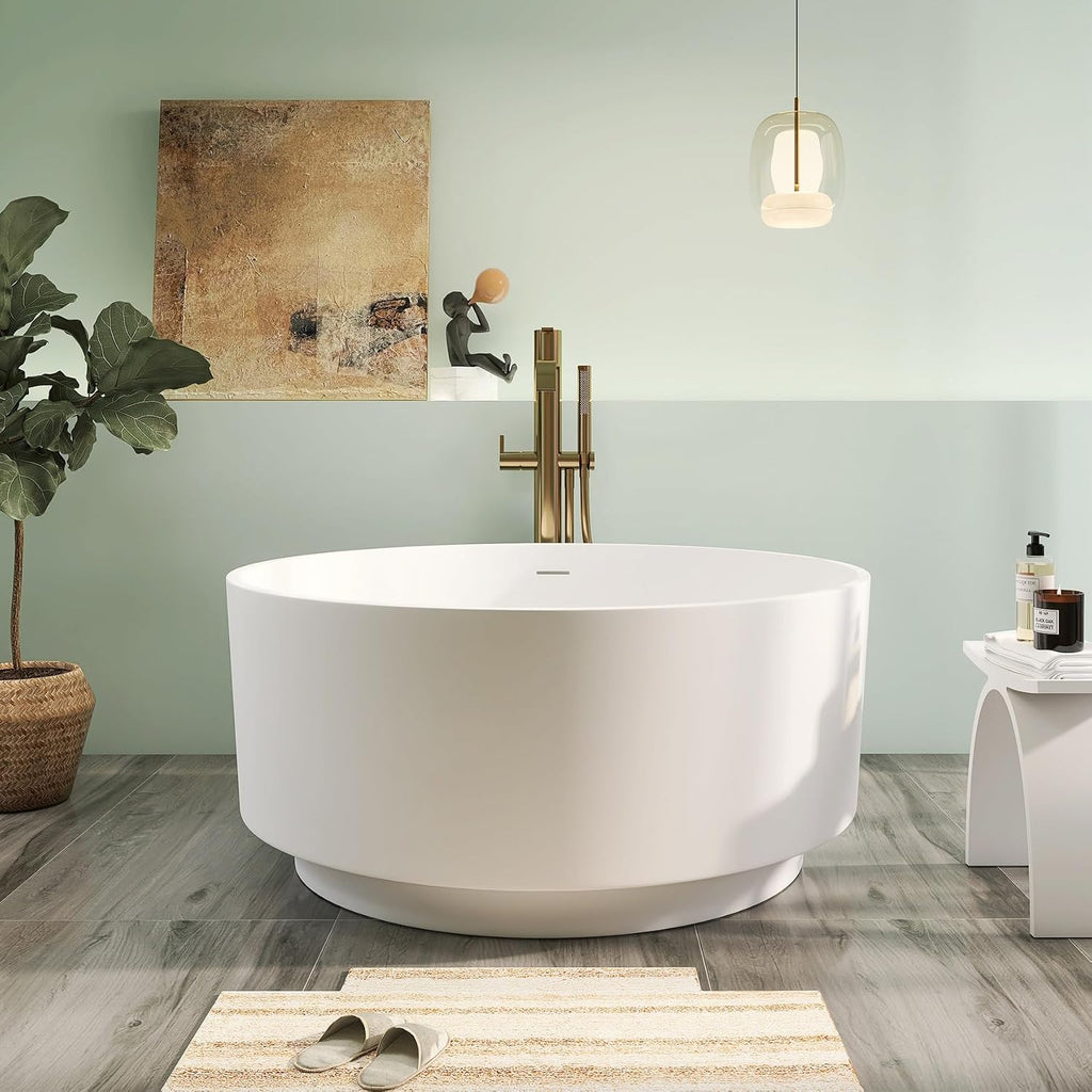 49' Premium Solid Surface Freestanding Bathtub, Upgraded Round Soaking Deep Stone Resin Tub with Overflow and Pop-up Drain, Matte White