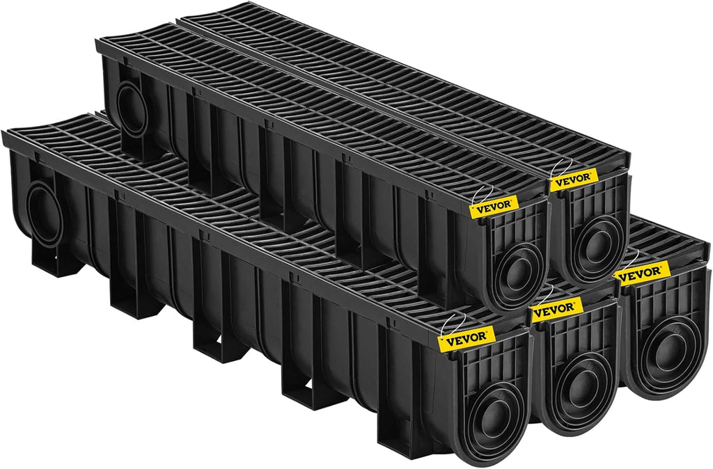 VEVOR Trench Drain System 5 Pack, Channel Drain with Plastic Grate 5.9 x 7.5 in HDPE Drainage Trench, Black Plastic Garage Floor Waterway 5 x 39 in with 5 End Caps for Garden Driveway