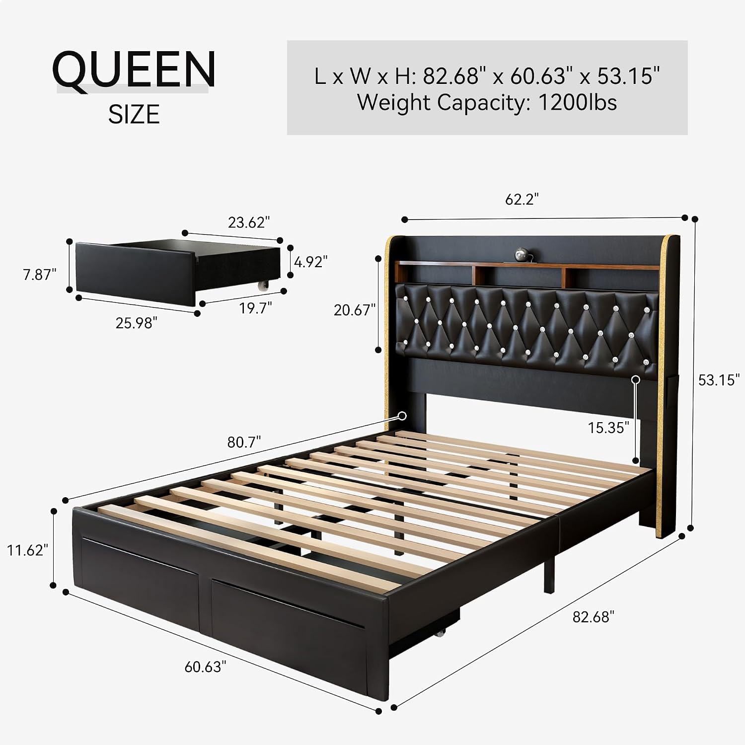 Torana Queen LED Bed Frame with 2 Drawers, 53' Tall Platform Beds with Galaxy Star Projector Charging Station, PU Upholstered Diamond Tufted Aurora Bedframe with Storage Headboard, Black