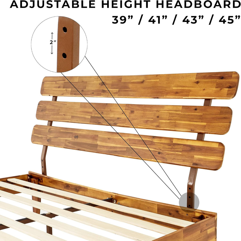 Bme Caden 15 Inch Deluxe Bed Frame with Adjustable Headboard - Mid Century, Retro Style with Acacia Wood - No Box Spring Needed - 12 Strong Wood Slat Support - Easy Assembly - Caramel, Queen