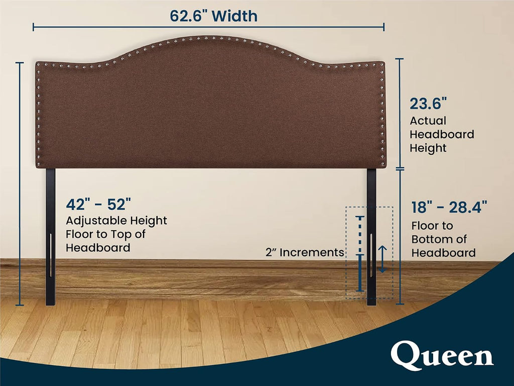 Naomi Home Adjustable Linen Headboard Queen with Nailhead Trim - Breathable Comfort and 12 Height Positions for Easy Style Upgrade - Espresso