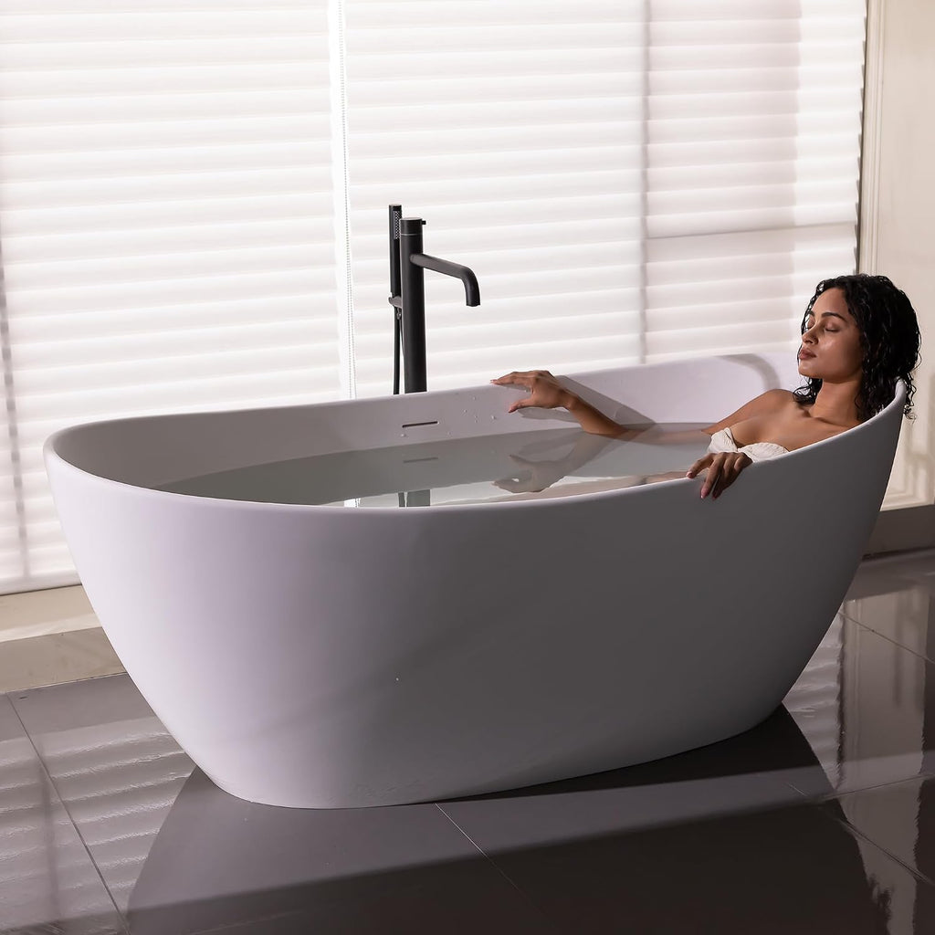 55'' High-back Stone Resin Freestanding Bathtub, Solid Surface Free Standing Tub, Contemporary Soaking Tub, Stand Alone Tub with Pop-up Drain and Overflow, Matte White (Oval)