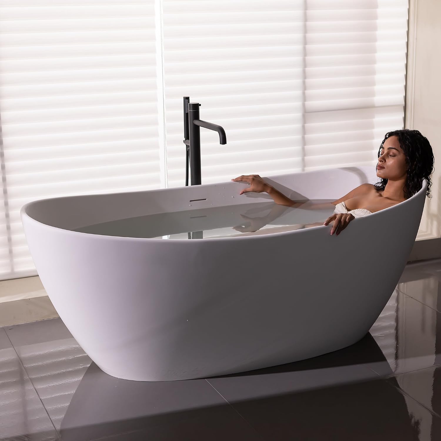 55'' High-back Stone Resin Freestanding Bathtub, Solid Surface Free Standing Tub, Contemporary Soaking Tub, Stand Alone Tub with Pop-up Drain and Overflow, Matte White (Oval)