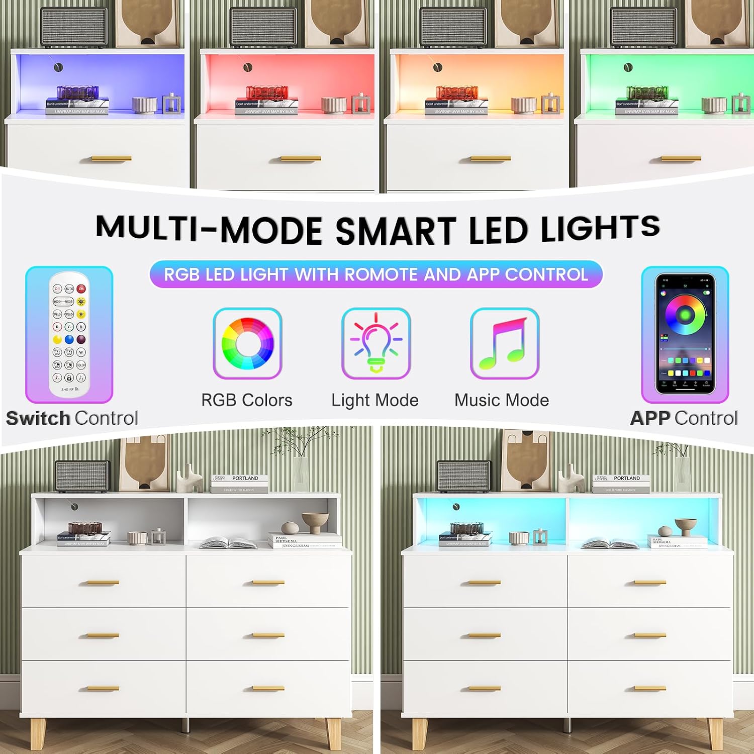 knoworld White 6 Drawer Dresser for Bedroom, Chest of Drawers with LED Light and Power Outlet, Tall Wide Dresser for Organizer Cabinet Bedroom,Living Room,Hallway, Entryway