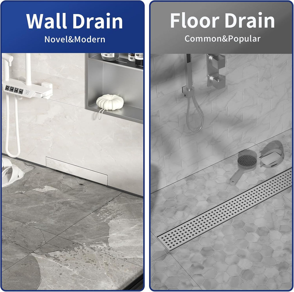 Linear Wall Drain 42'', 304 Stainless Steel Side Drain w/Tiled Grate & Hair Strainer, Brushed Tiled Shower Drain for Bathroom, CUPC Certified