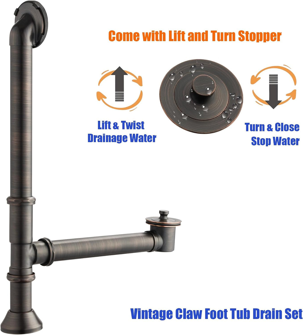 Artiwell Vintage Claw Foot Tub Drain Kit with Lift and Turn Bath Drain Stopper, 1-1/2' Brass Tubular Leg Tub Bathtub Waste and Overflow Drain Assembly with Drain Plug and Bathtub Overflow Cover