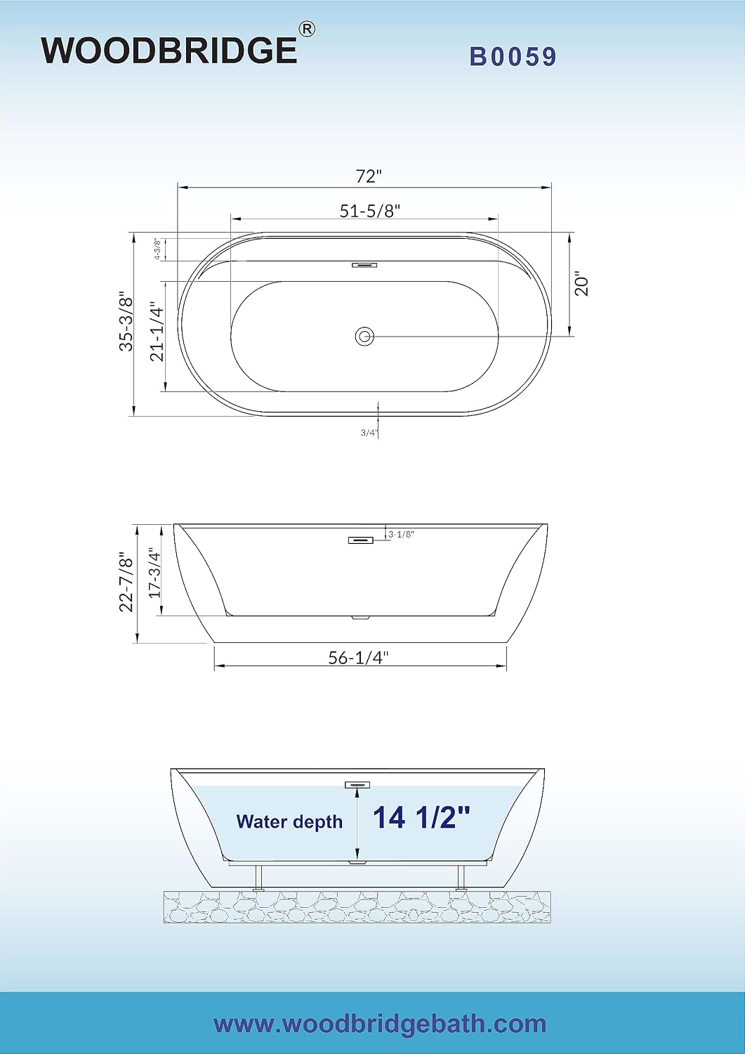 WOODBRIDGE 72' Acrylic Freestanding Bathtub Contemporary Soaking White Tub with Matte Black Overflow and Drain,B0059-MB