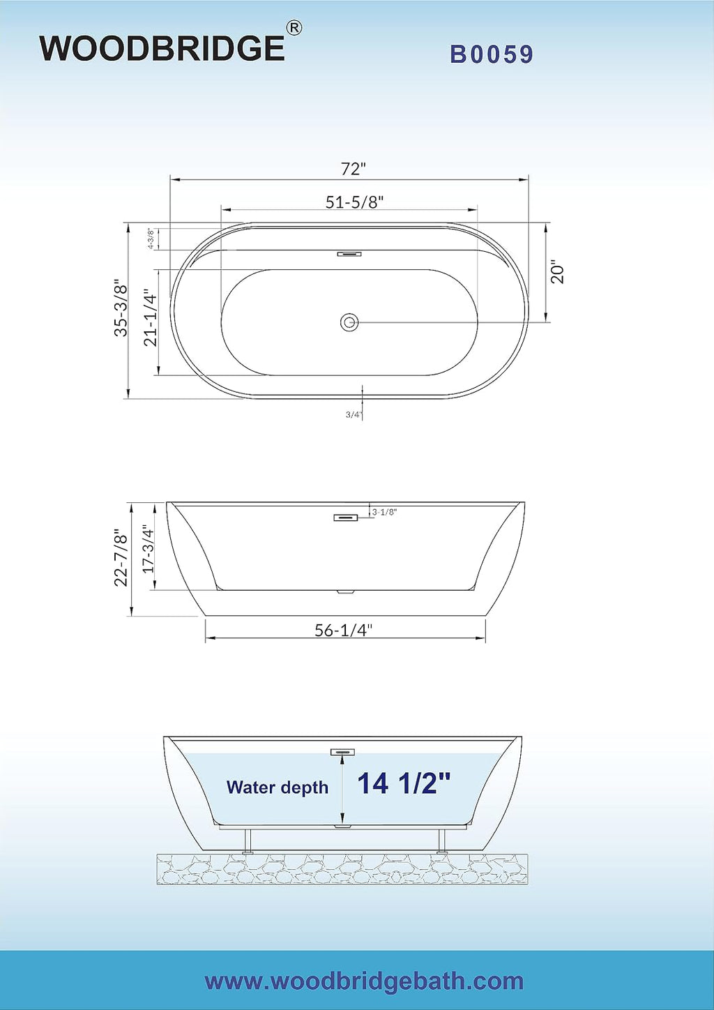 WOODBRIDGE 72' Acrylic Freestanding Bathtub Contemporary Soaking White Tub with Brushed Gold Overflow and Drain,B0059-BG