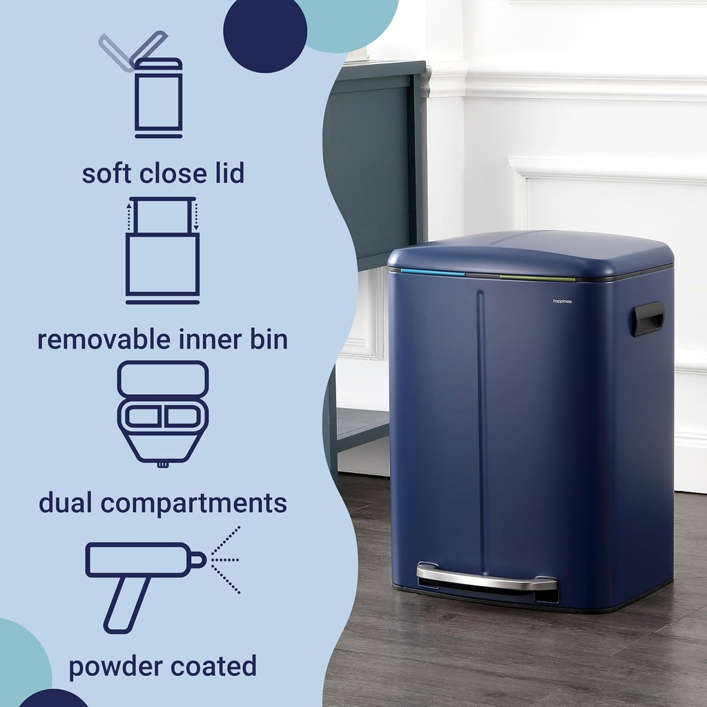 happimess HPM1005J Marco Rectangular 10.6-Gallon Double Bucket Trash Can with Soft-Close Lid, Denim Blue, Fingerprint Resistant, Modern, Minimalistic for Home, Kitchen, Office, Bedroom, Bathroom