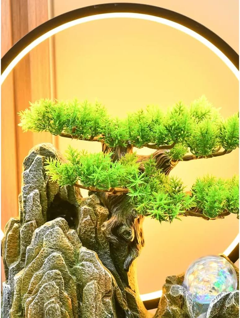 HIHELO Desktop Fountain Tabletop Fountain Resin Rockery Desktop Fountain with LED Light Living Room Decorative Waterscape Ornament Water Fountain Outdoor (Color : with Nebulizer)