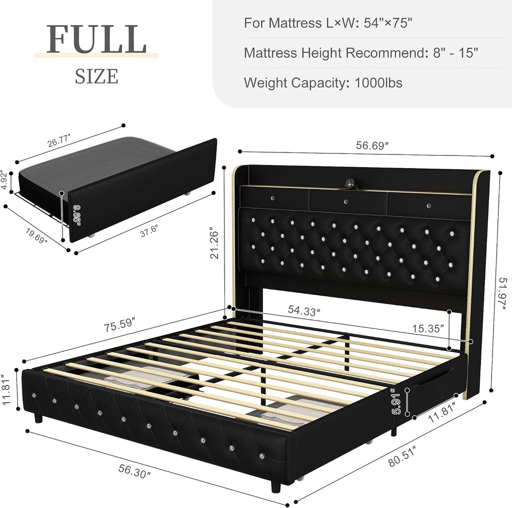 Full Led Bed Frame with Galaxy Aurora Star Projector, Full Size Platform Bed with 2 Storage Drawers, 52' Diamond Upholstered Headboard with Charging Station, Noise Free, No Box Spring Needed, PU Black