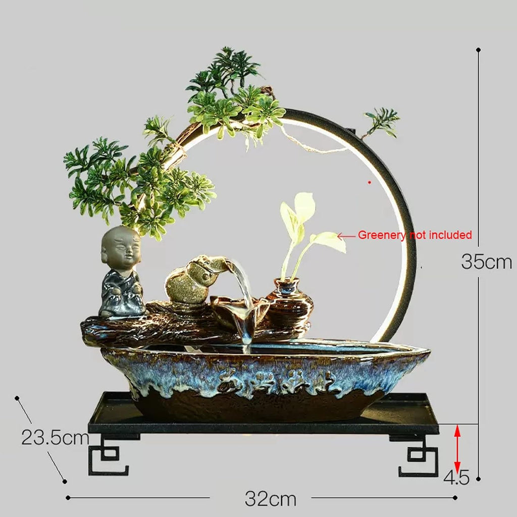 HIHELO Tabletop Fountain Indoor Relax Tabletop Fountain Waterfall Ceramic Tabletop Fountain with Black Metal Base and LED Lights Indoor Zen Tabletop Water Feature Indoor Fountain