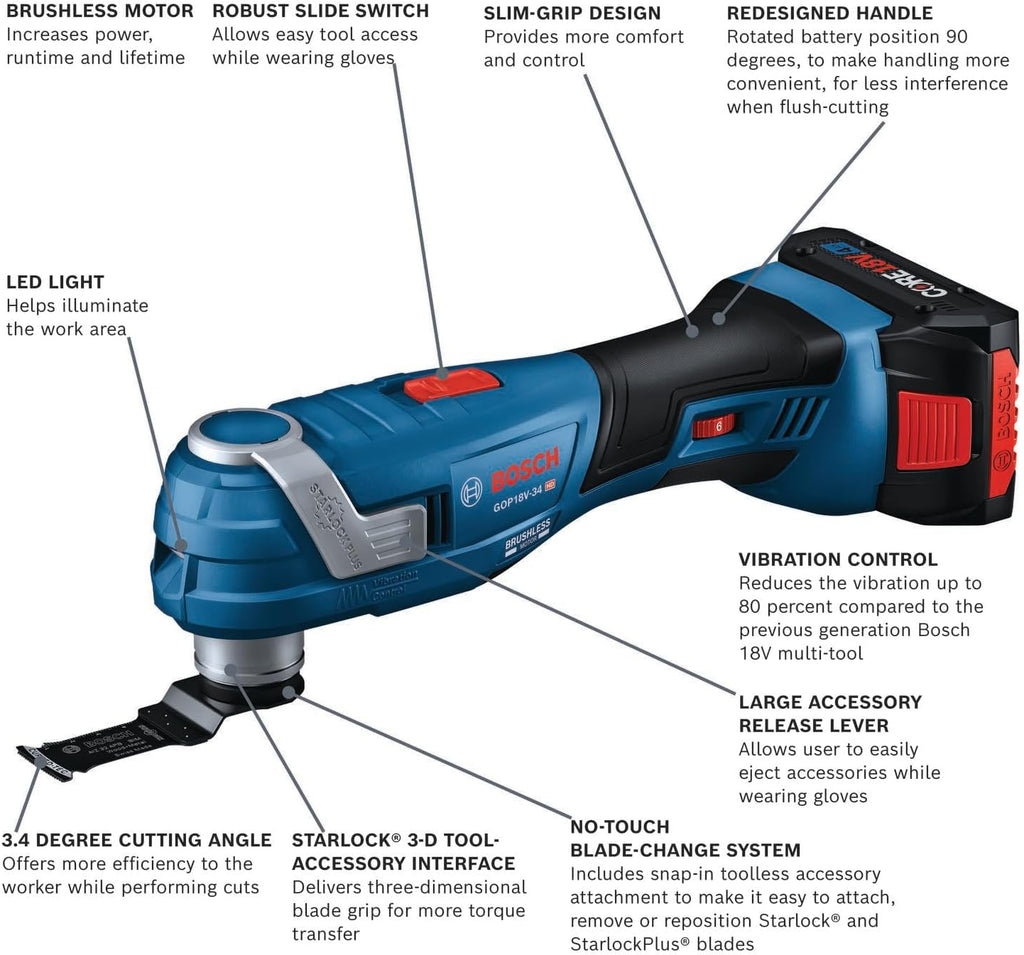 Bosch GOP18V-34B14-RT 18V Brushless Lithium-Ion Cordless StarlockPlus Oscillating Multi-Tool Kit (4 Ah) (Renewed)