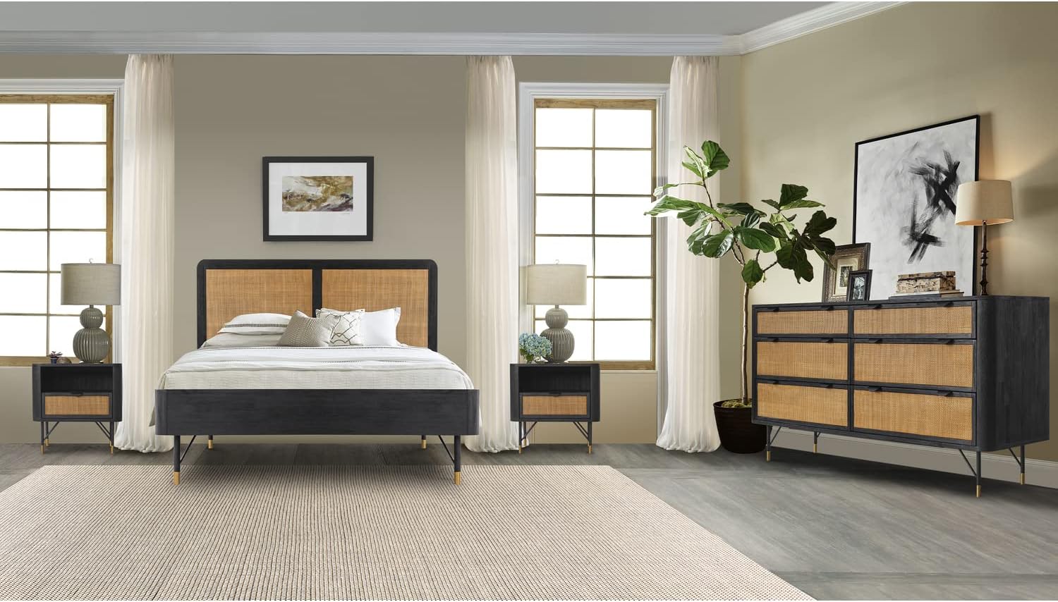 Armen Living Saratoga 4 Piece Queen Bedroom Set in Black Acacia Wood and Rattan