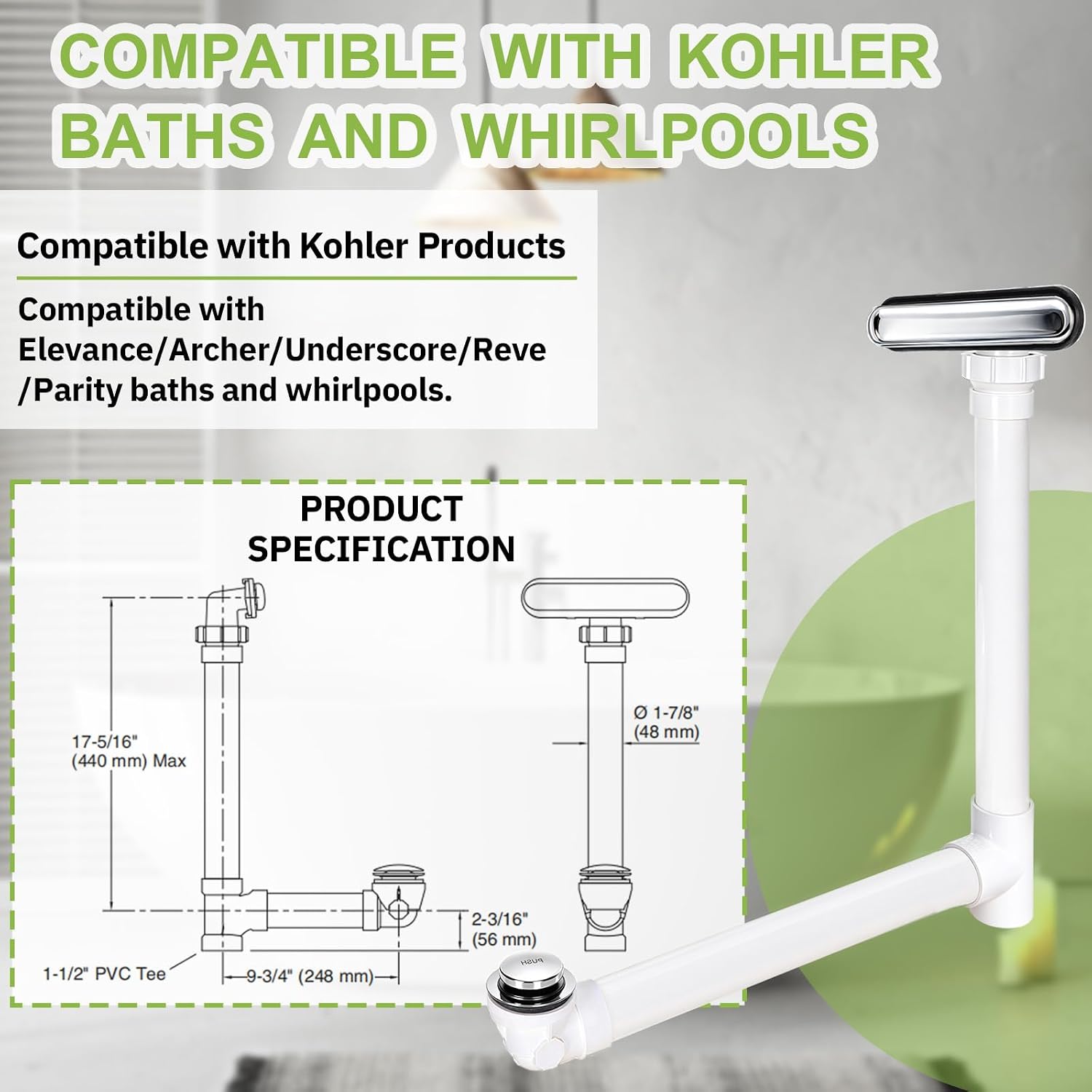 Slotted Overflow Bath Drain with Toe-Tap Stopper, with Metal Overflow Cover, Compatible with Kohler Elevance/Archer/Underscore/Rêve/Parity Baths and Whirlpools, Polished Chrome, Easy Installation