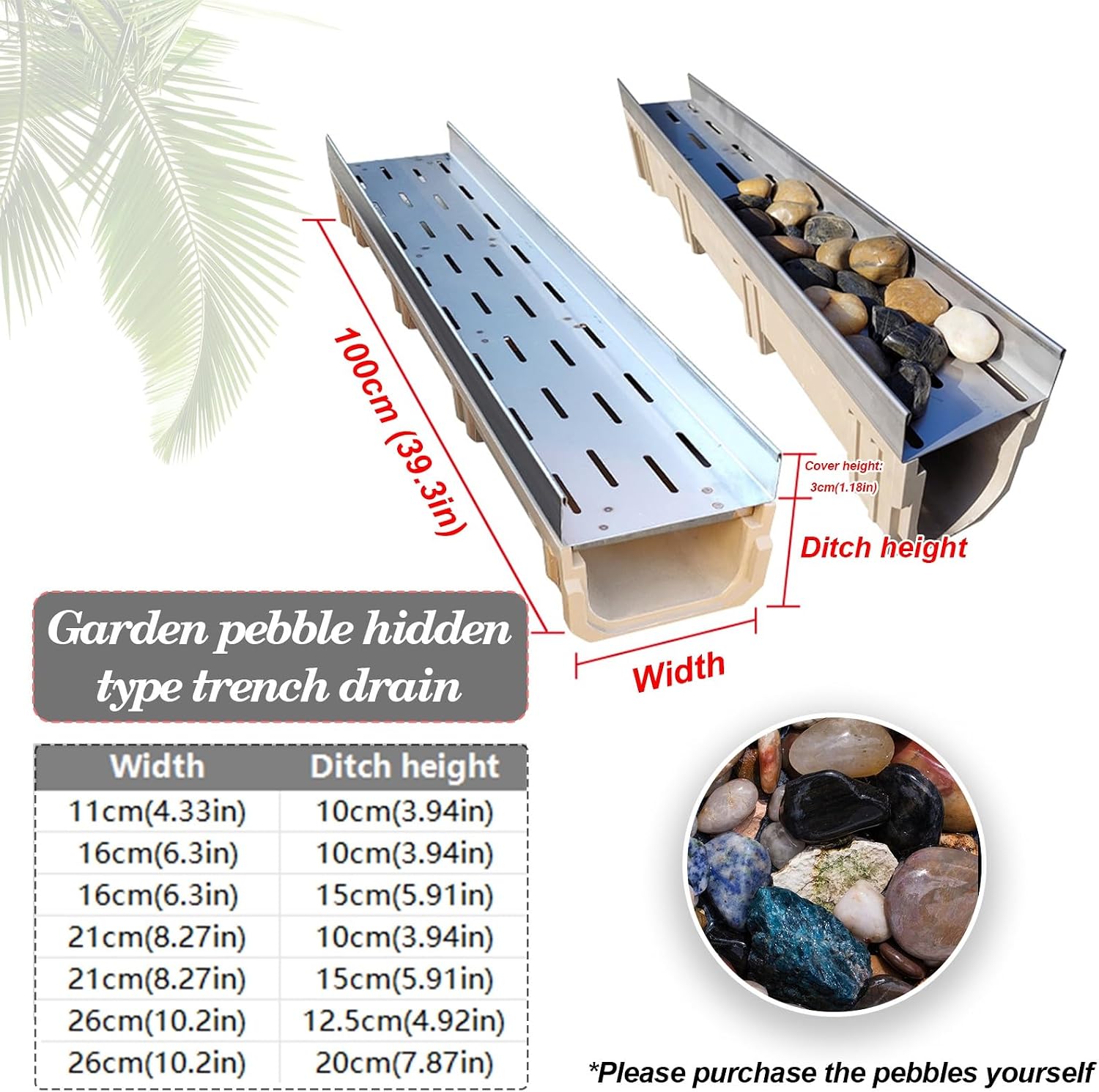 Trench Drain with 304 Stainless Steel Grate,French Drain Kit for Yard,Pebble Filling,Convenient Assembly,for Yard Concrete Garden