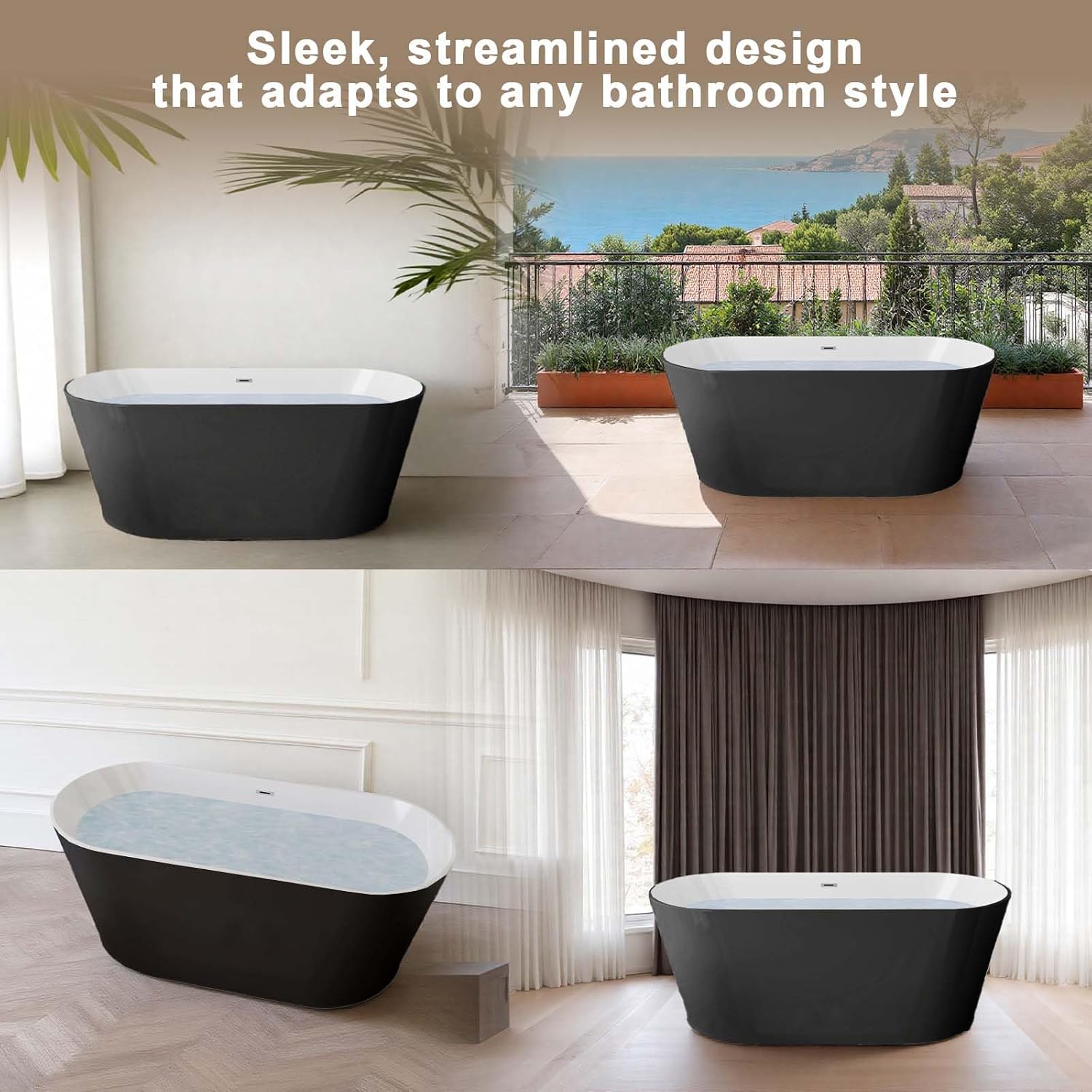 59' Oval Freestanding Soaking Bathtub with Toe-Tap Chrome Drain, Stand Alone Tub, Acrylic Soaking Tub, Ergonomic (Black, 59')
