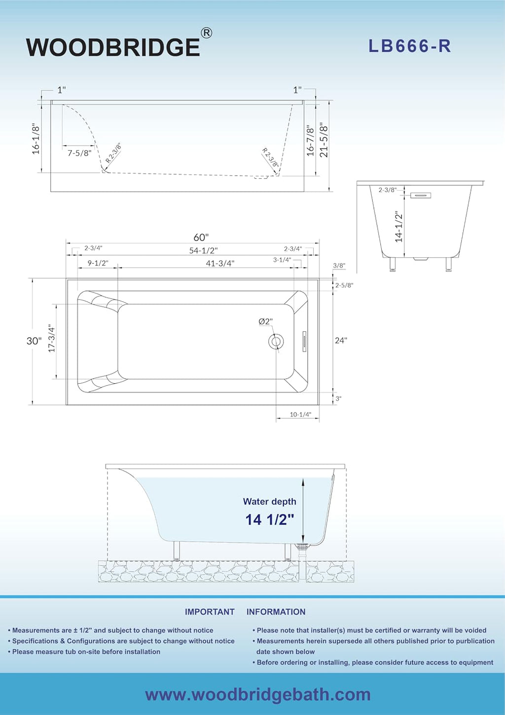 WOODBRIDGE 60' Acrylic Rectangular Alcove Soaking Bathtub in White with Right Drain, Brushed Gold pop-up Drain Included, LB666-R