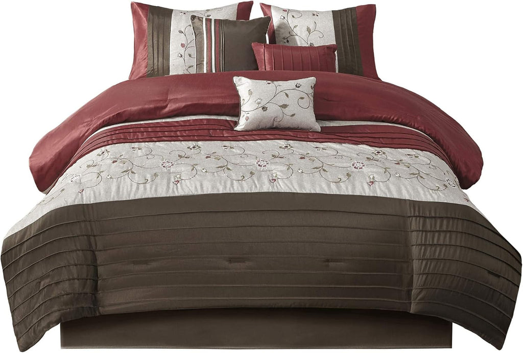 Madison Park Serene Faux Silk Comforter Set - Floral Embroidery Design, All Season Bedding Set, Matching Bed Skirt, Decorative Pillows, Red Cal King(104'x92') 7 Piece