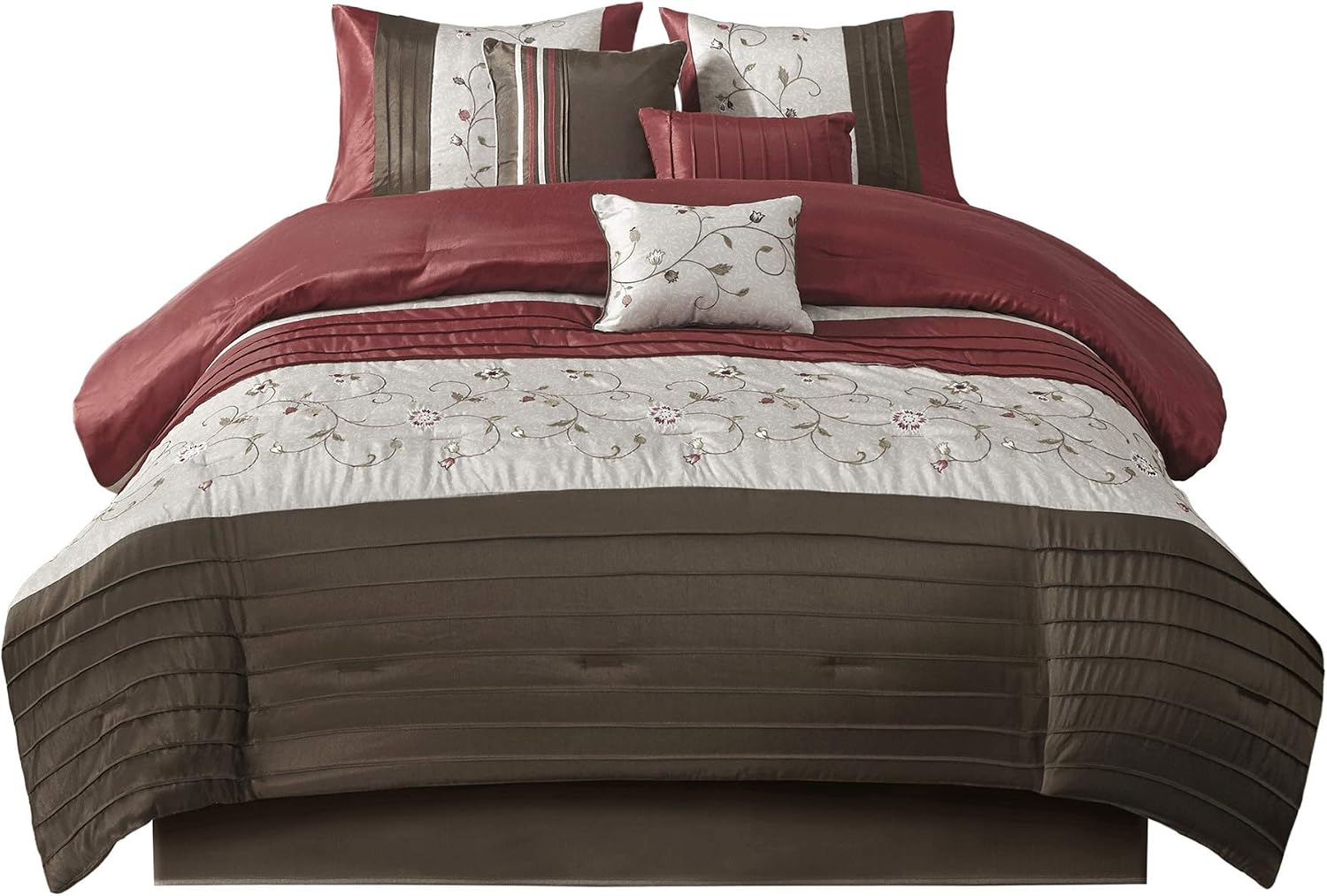 Madison Park Serene Faux Silk Comforter Set - Floral Embroidery Design, All Season Bedding Set, Matching Bed Skirt, Decorative Pillows, Red Cal King(104'x92') 7 Piece
