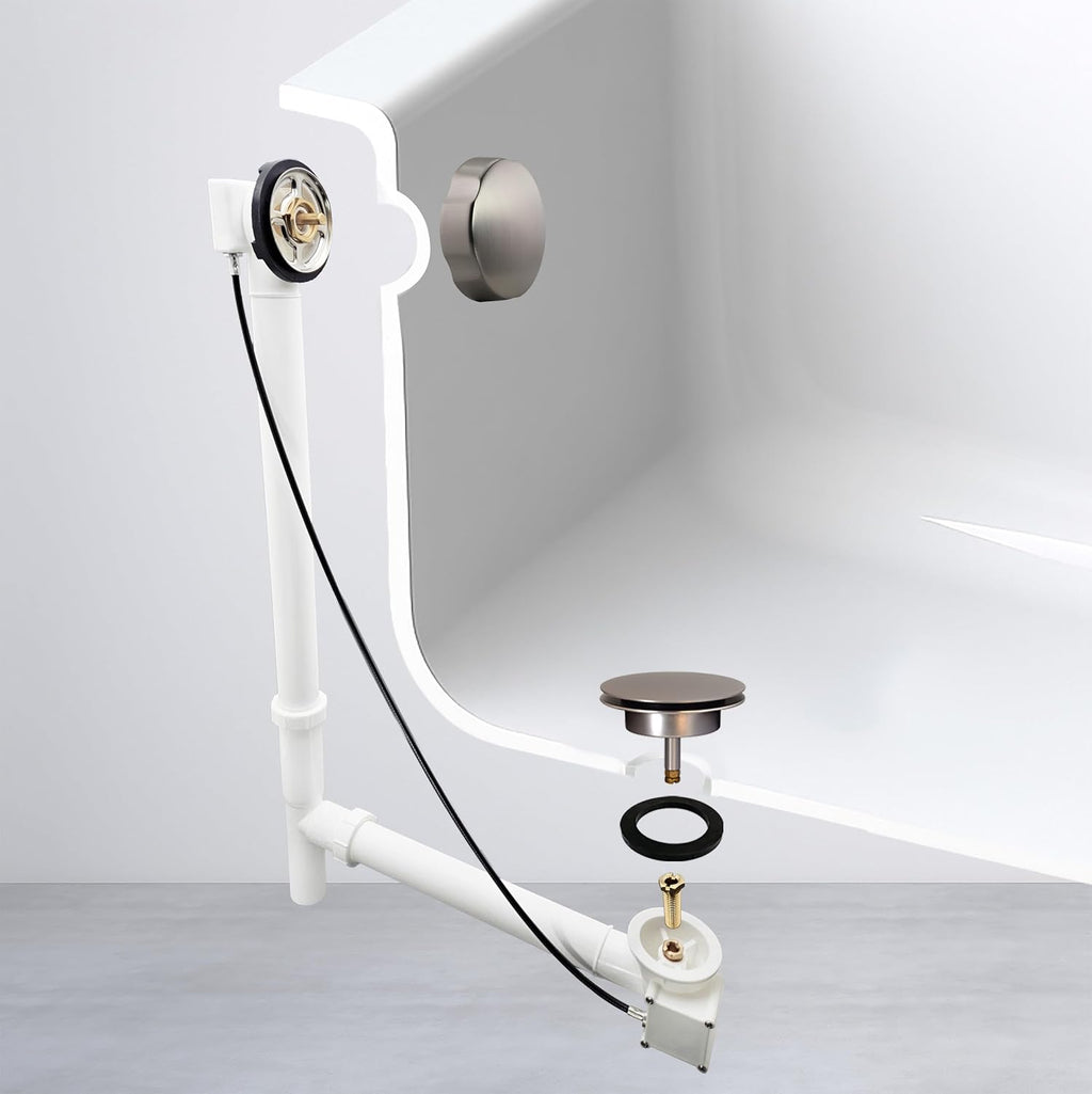 Westbrass A50P35TLE-07 35' Cable Drive Bath Drain Trim Kit with Rotary Overflow Cover Knob, European Stopper and Poly Tubular Pipes, Satin Nickel