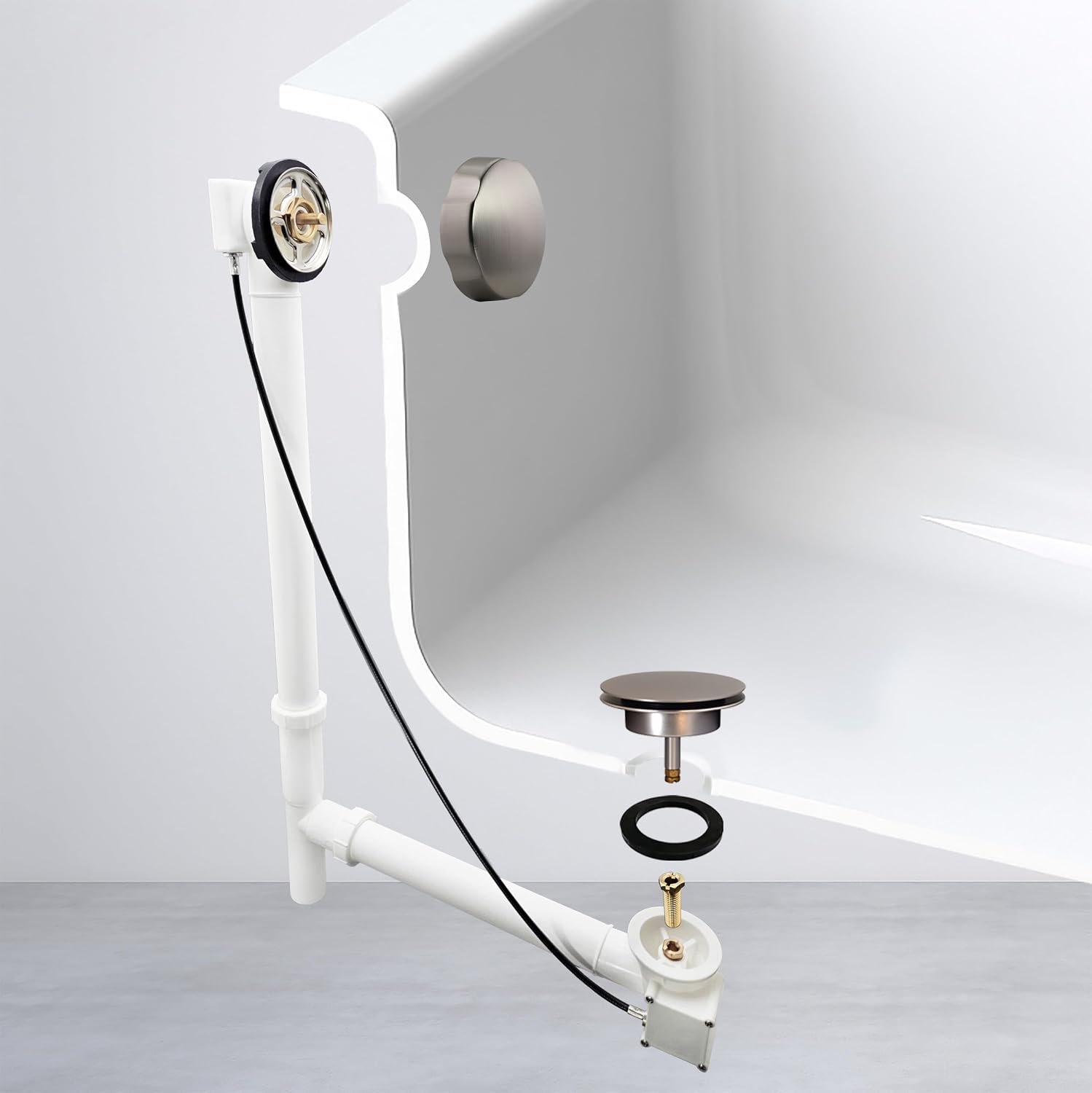 Westbrass A50P35TLE-07 35' Cable Drive Bath Drain Trim Kit with Rotary Overflow Cover Knob, European Stopper and Poly Tubular Pipes, Satin Nickel