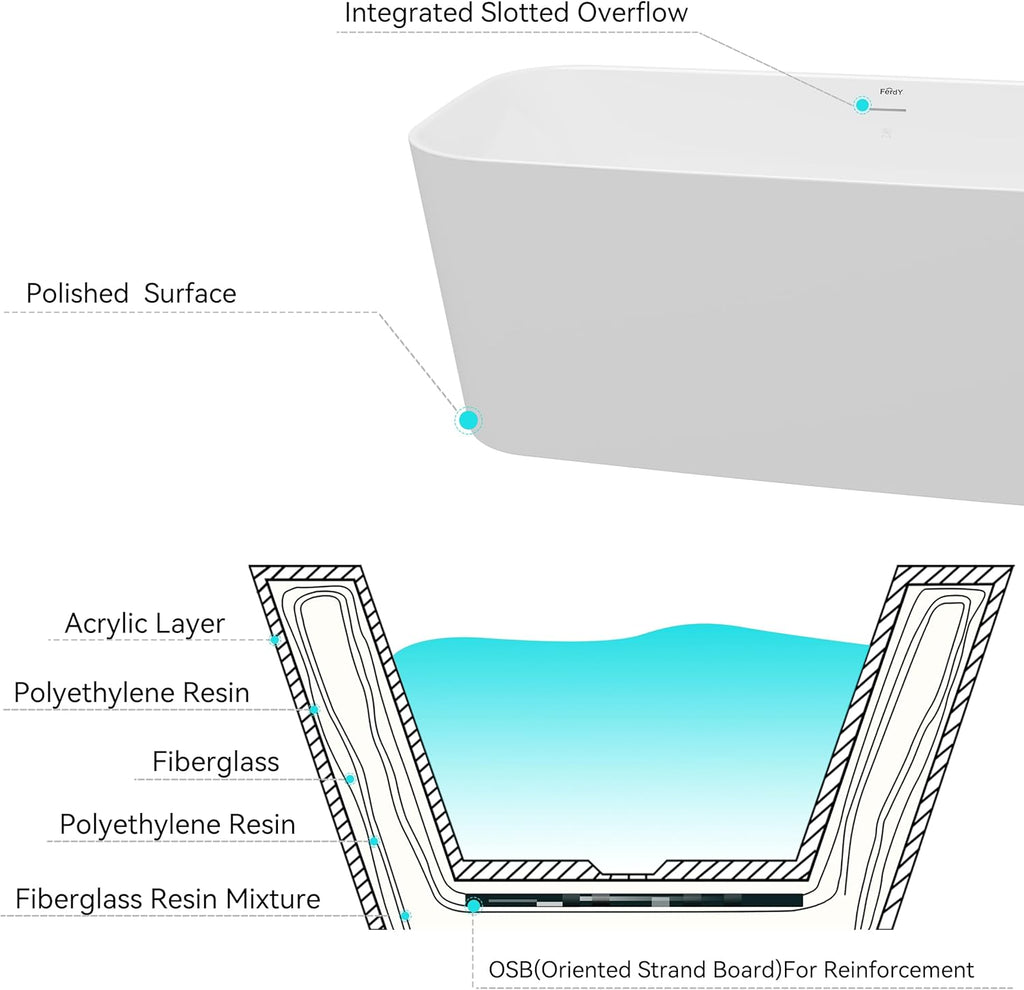 FerdY Maui 67' Acrylic Freestanding Bathtub, Contemporary Elegant Design Soaking Tub with Brushed Gold Drain and Minimalist Linear Design Overflow, Easy to Install