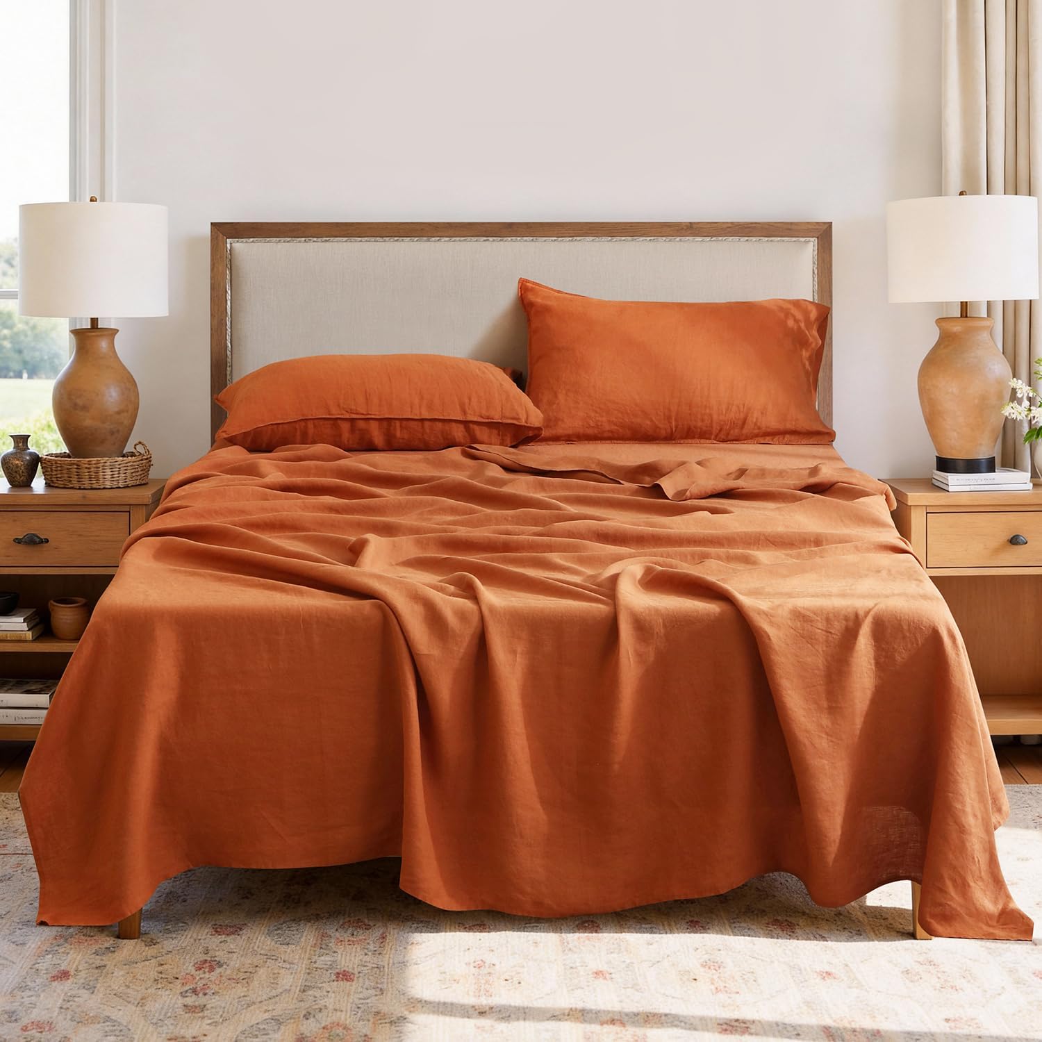 S VICTORY SYMBOL 100% Organic Linen Sheets Set Queen Size,Natural French Flax from Normandy Bedding Set with Stone Washed 4 Pieces,Ultra Soft Breathable(Caramel)